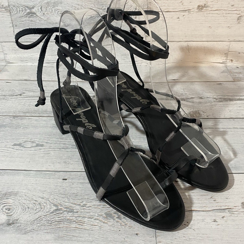 Free People Hermosa Sandals Womens 39‎ Black Leather Strappy Toe Loop Ankle Tie